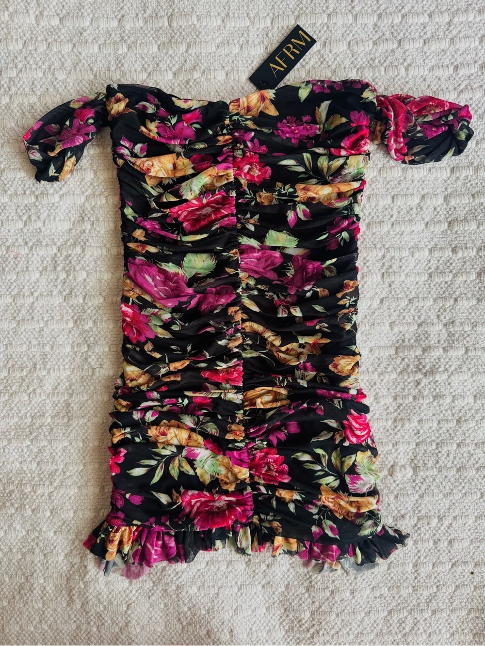 NWT AFRM Floral Ruched Off-Shoulder Mini Dress - Picture 5 of 9
